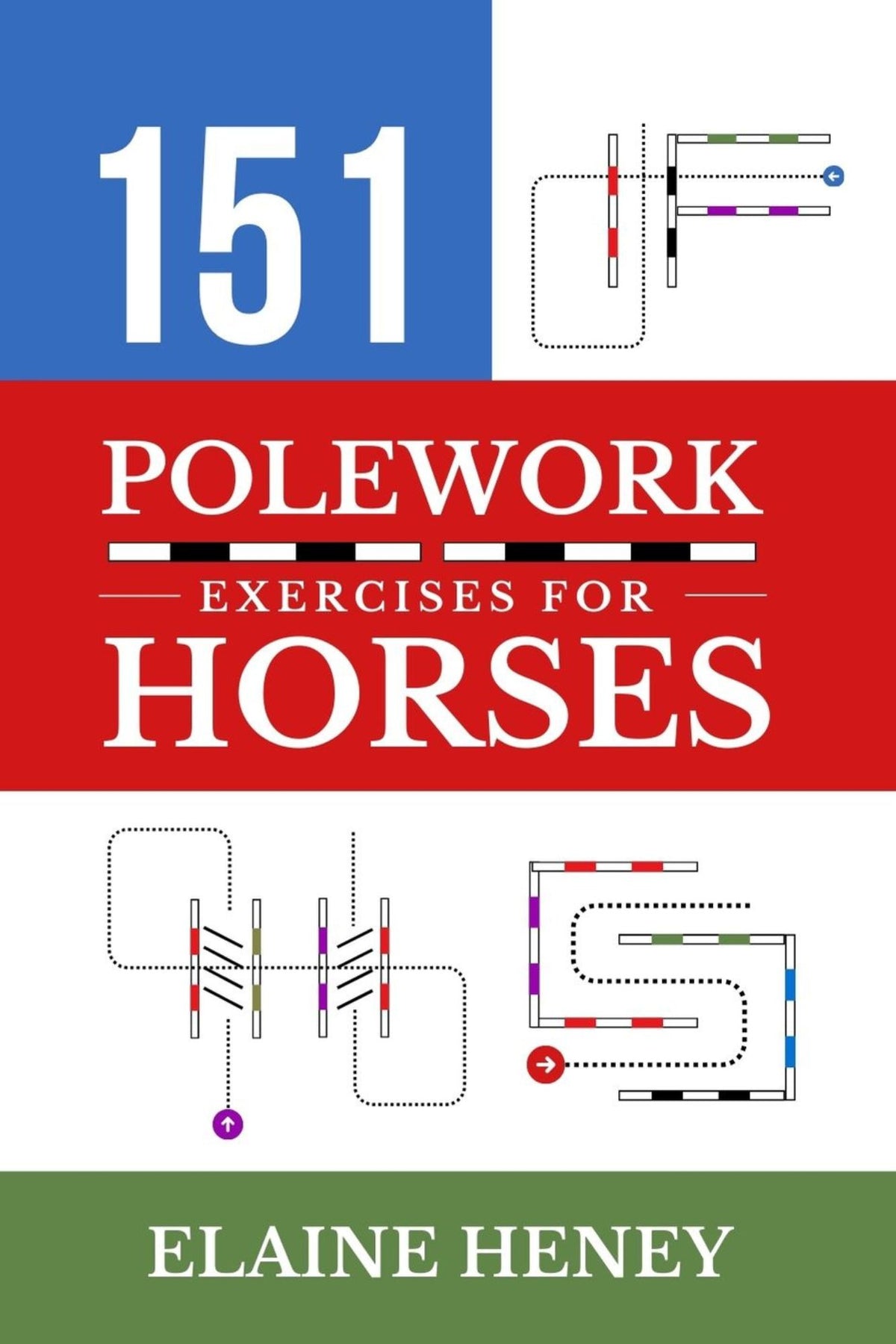 Cover of the book '151 Polework Exercises for Horses' by Elaine Heney, featuring a white horse navigating through an orange and green polework course set against a blue background.