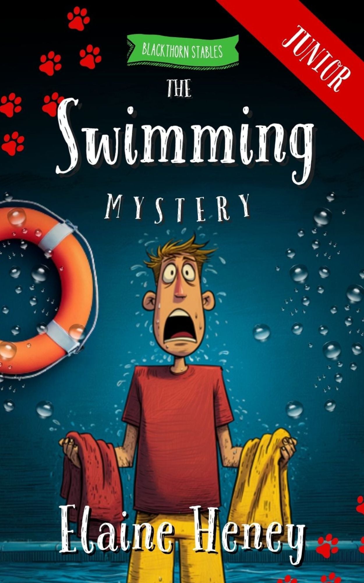 Book cover of 'The Swimming Mystery' by Elaine Heney with a cartoon character underwater, life buoy, and red paw prints. Dyslexia friendly kids book by #1 best-selling Irish Author Elaine Heney.