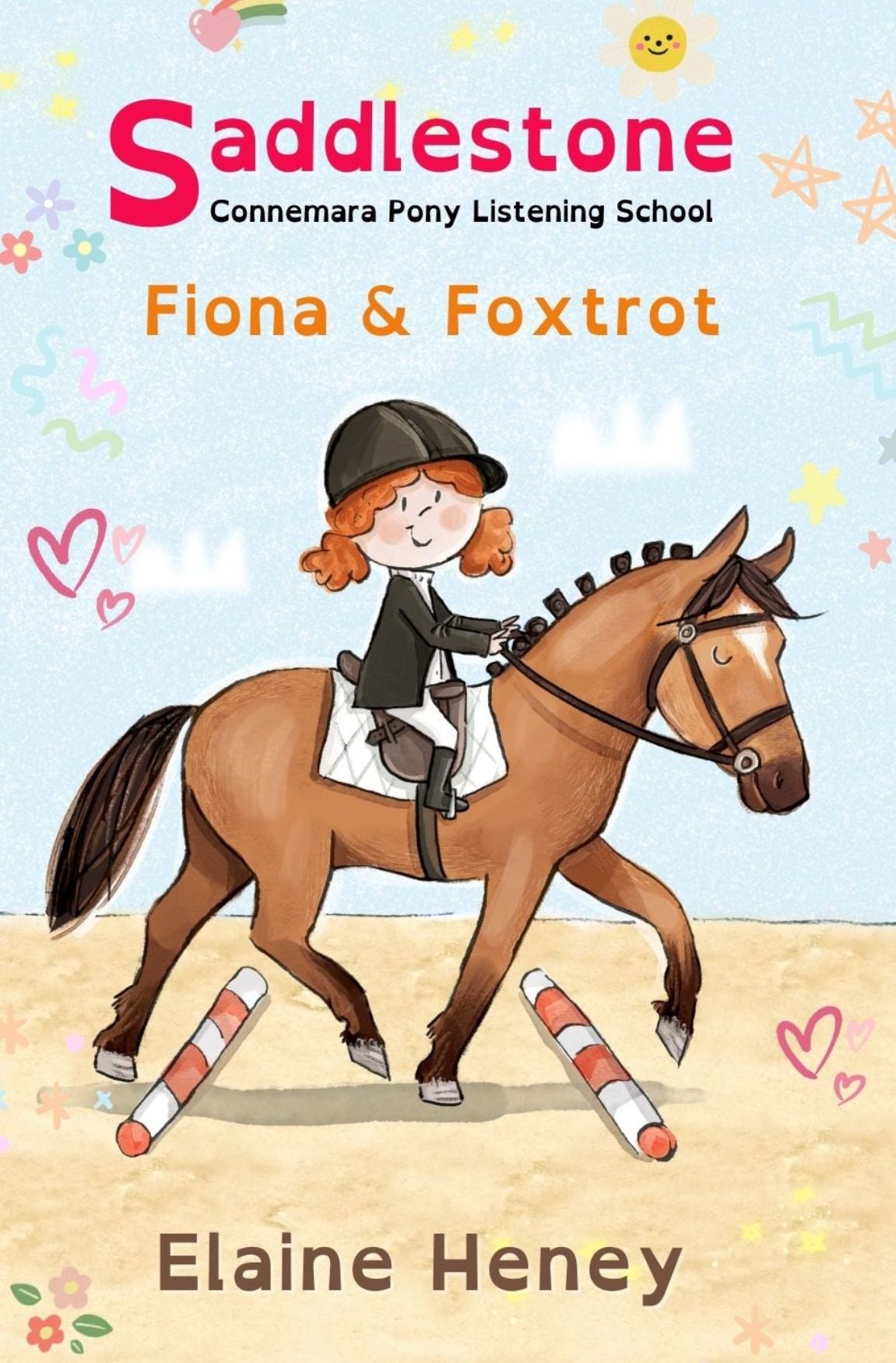 Illustration of a girl with red hair riding a brown Connemara pony, titled 'Saddlestone Connemara Pony Listening School: Fiona & Foxtrot' by Elaine Heney.