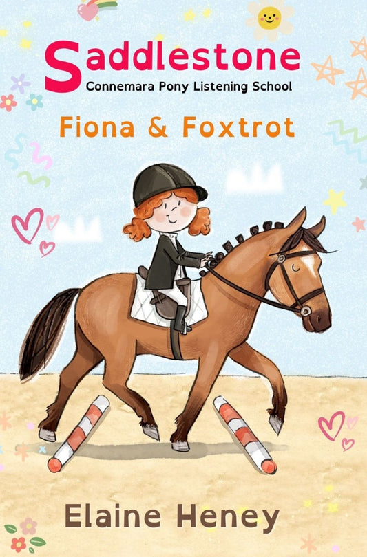 Illustration of a girl with red hair riding a brown Connemara pony, titled 'Saddlestone Connemara Pony Listening School: Fiona & Foxtrot' by Elaine Heney.