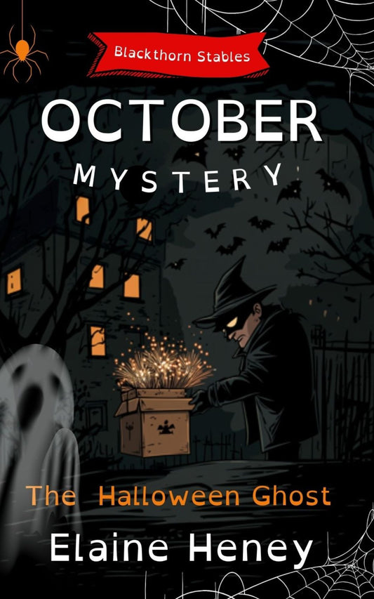 Book cover for 'The Halloween Ghost' featuring a spooky image with a ghost, an old mill, and a moonlit sky. Dyslexia friendly kids book. Written by  #1 best-selling Irish Author Elaine Heney.