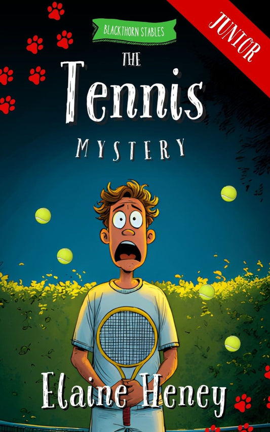 Book cover of 'The Tennis Mystery' by Elaine Heney with a cartoon character on a tennis court. Dyslexia friendly kids book by #1 best-selling Irish Author Elaine Heney.