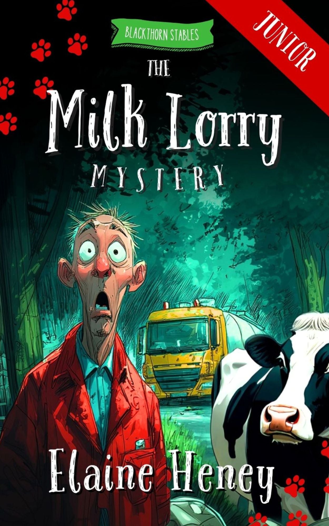 Book cover of 'The Milk Lorry Mystery' by Elaine Heney with a cartoon character and cow. Dyslexia friendly kids book by #1 best-selling Irish Author Elaine Heney.
