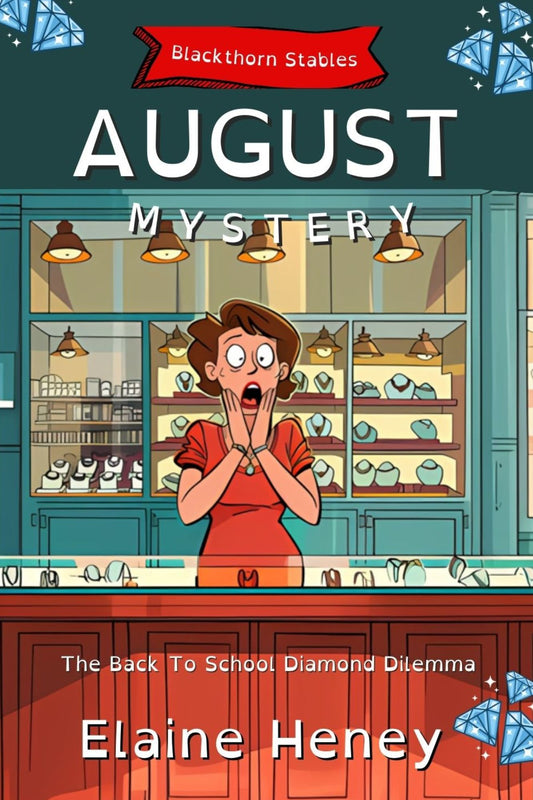 Book cover for 'The Back To School Diamond Dilemma' featuring an illustration of a surprised woman in a jewellery shop with an open book displaying the title and author's name, Elaine Heney.