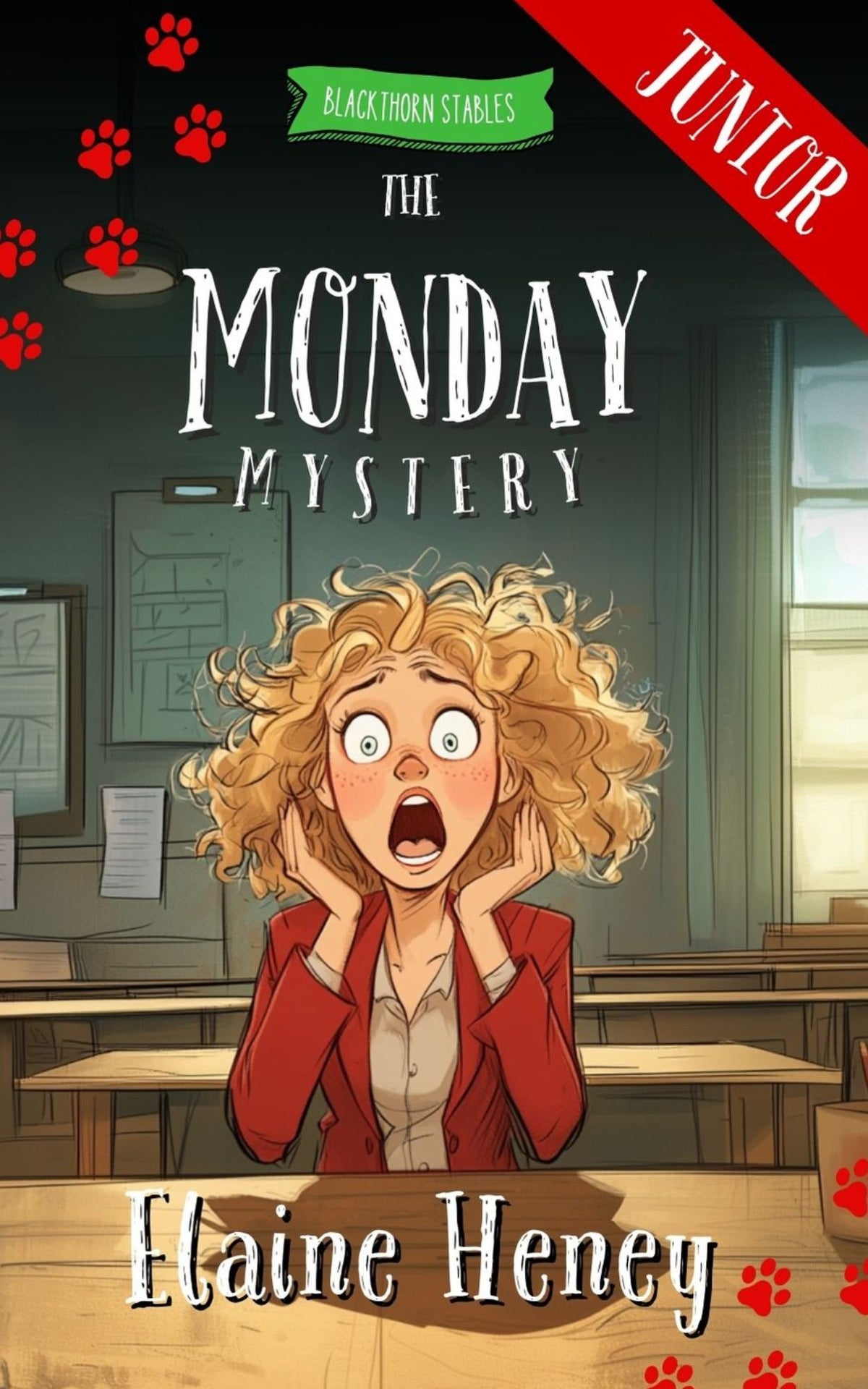 Book cover for 'The Monday Mystery - Blackthorn Stables Junior' featuring an illustration of a surprised girl character with curly blonde hair in a school setting. Written by  #1 best-selling Irish Author Elaine Heney.