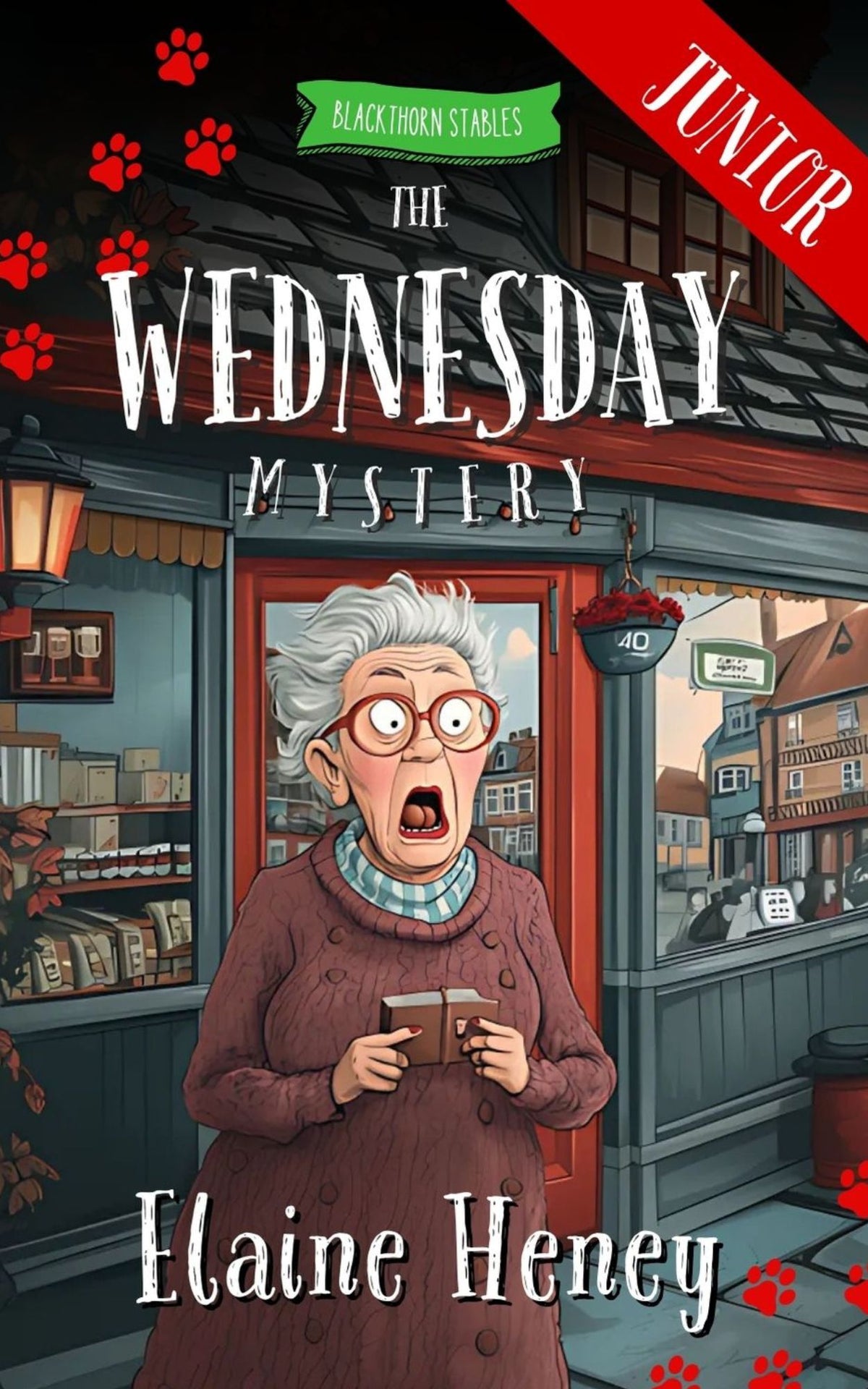 Book cover for 'The Wednesday Mystery' featuring an illustration of a surprised woman  in front of a store front backdrop. Written by  #1 best-selling Irish Author Elaine Heney.