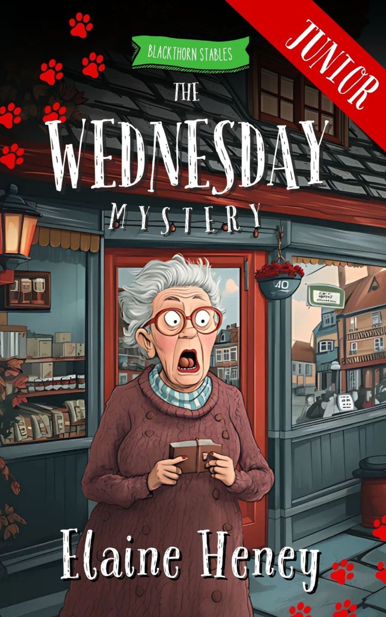 Book cover for 'The Wednesday Mystery' featuring an illustration of a surprised woman  in front of a store front backdrop. Written by  #1 best-selling Irish Author Elaine Heney.