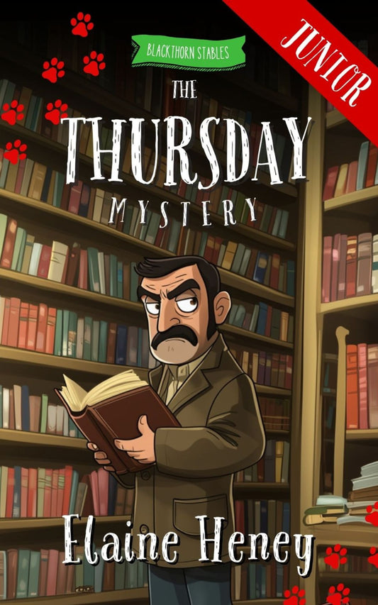 Book cover of 'The Thursday Mystery - Blackthorn Stables Junior' featuring an illustration of a character with a book, set against a backdrop of a library filled with books. Written by  #1 best-selling Irish Author Elaine Heney.