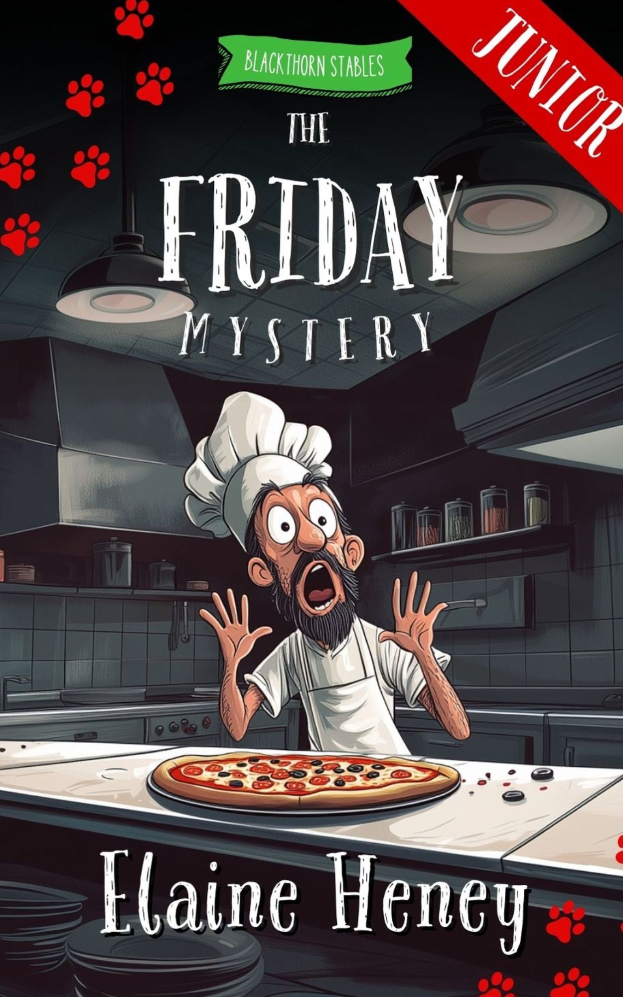 Book cover for 'The Friday Mystery' featuring an illustration of a surprised chef with a pizza and footprints indicating a mystery scene. Written by  #1 best-selling Irish Author Elaine Heney.