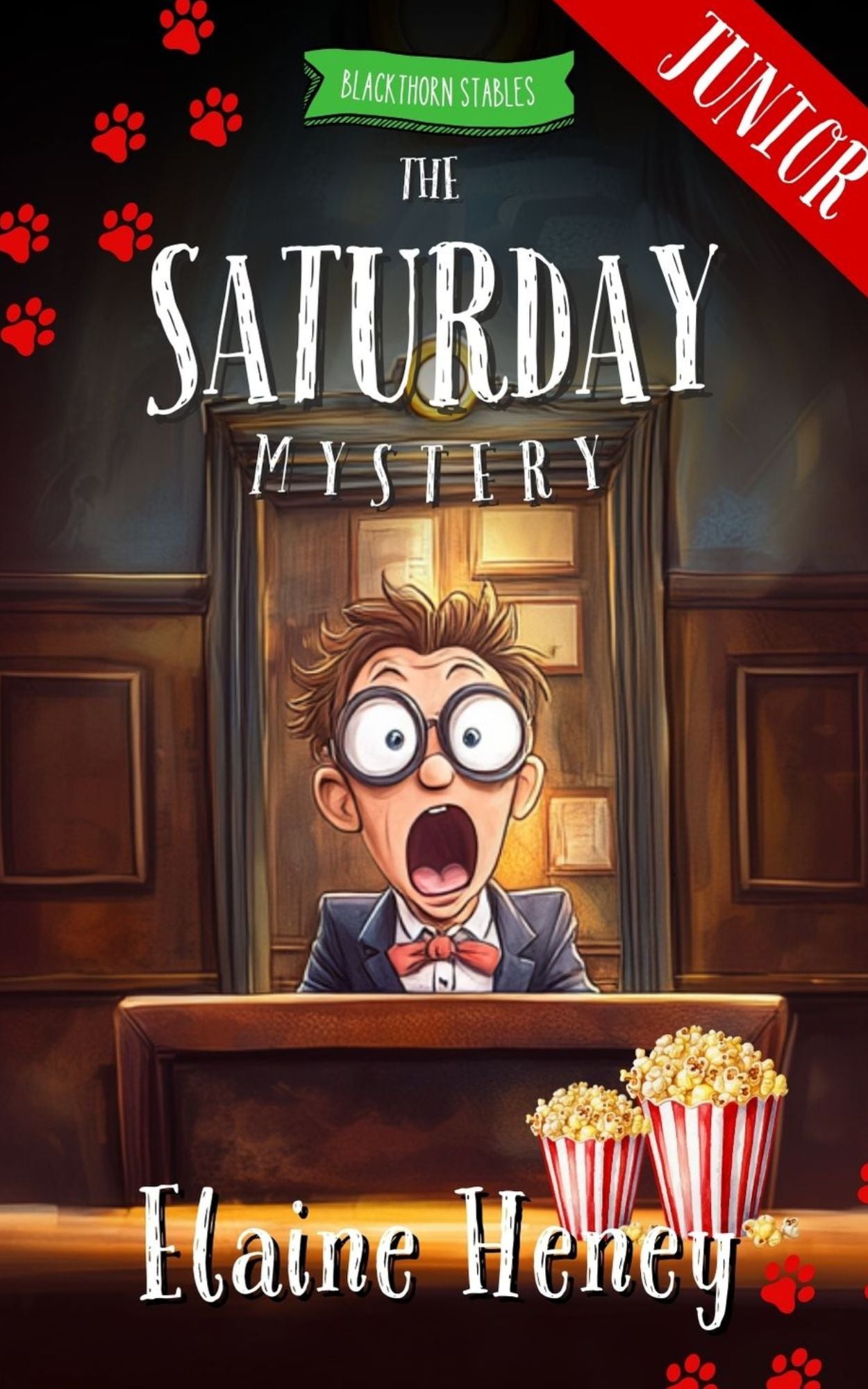 Book cover of 'The Saturday Mystery' by Elaine Heney with a character in a theater setting.