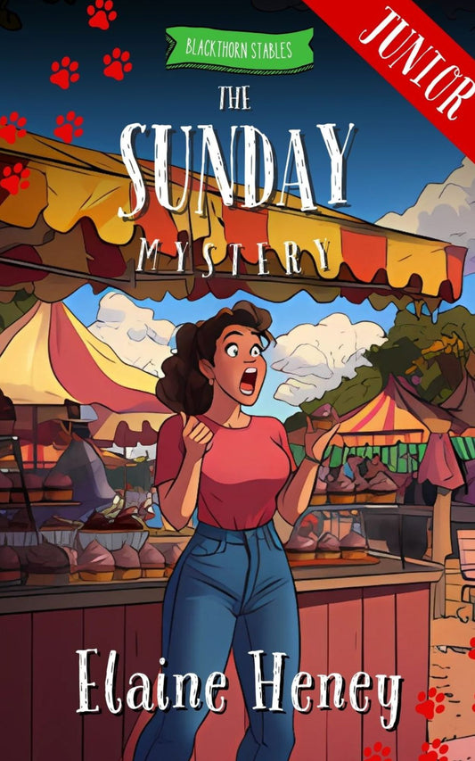 Book cover of 'The Sunday Mystery' by Elaine Heney featuring a woman at a market stand.