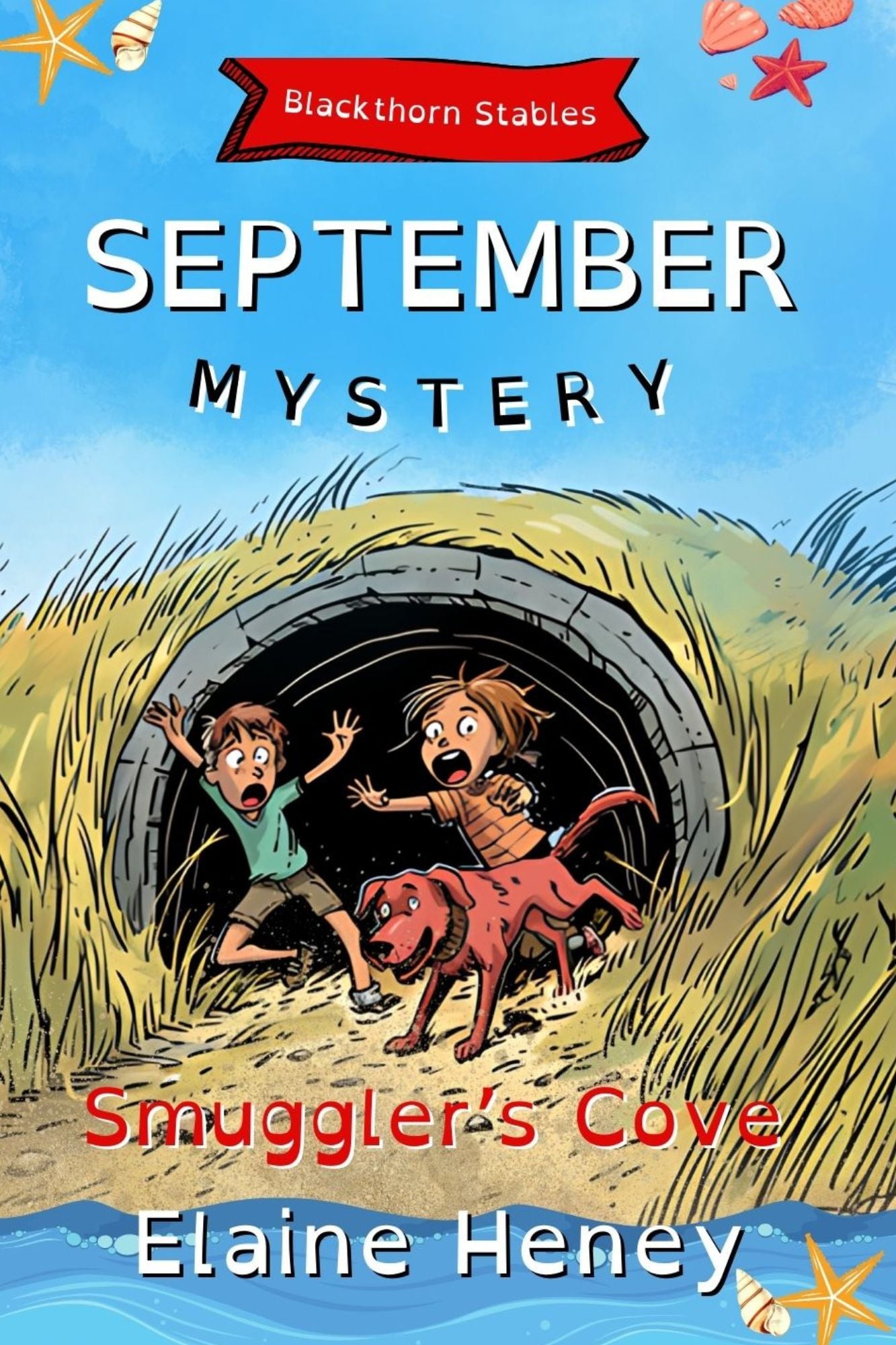 Book cover for 'Smuggler's Cove | Blackthorn Stables September Mystery' featuring illustrated children and a pony near a hidden cove entrance. Written by  #1 best-selling Irish Author Elaine Heney.