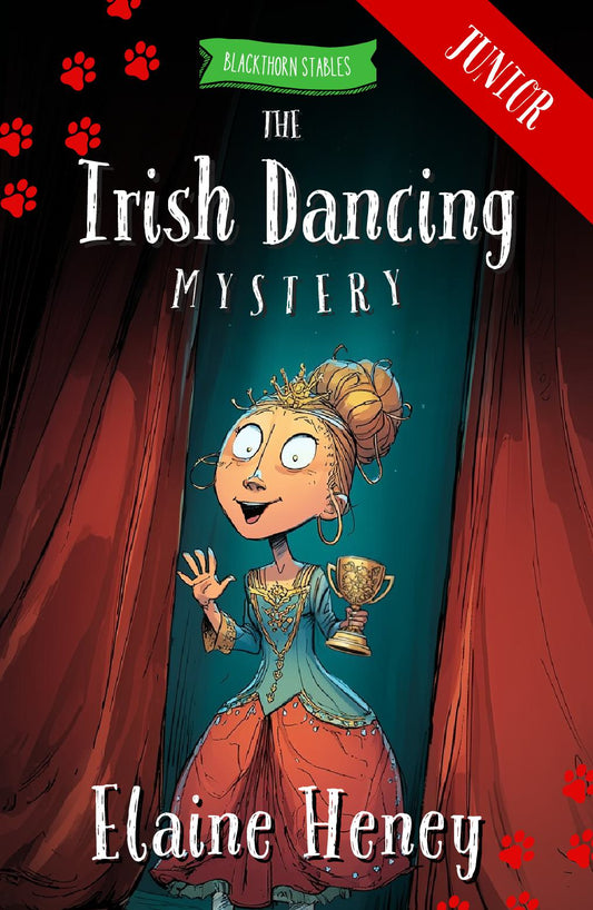 Book cover of 'The Irish Dancing Mystery' by Elaine Heney with a character in a costume and red curtains. Dyslexia friendly kids book by #1 best-selling Irish Author Elaine Heney.