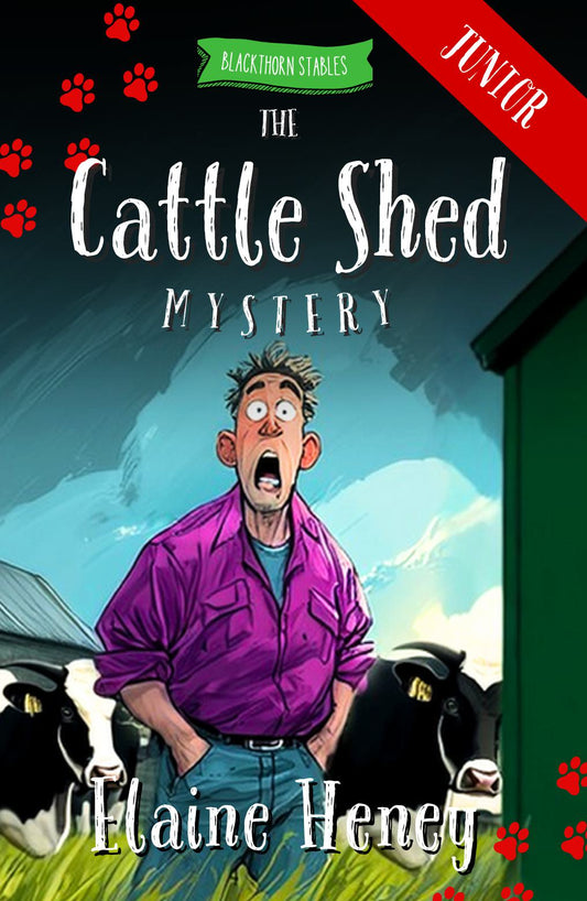 Book cover of 'The Cattle Shed Mystery'.  Dyslexia friendly kids book by #1 best-selling Irish Author Elaine Heney.