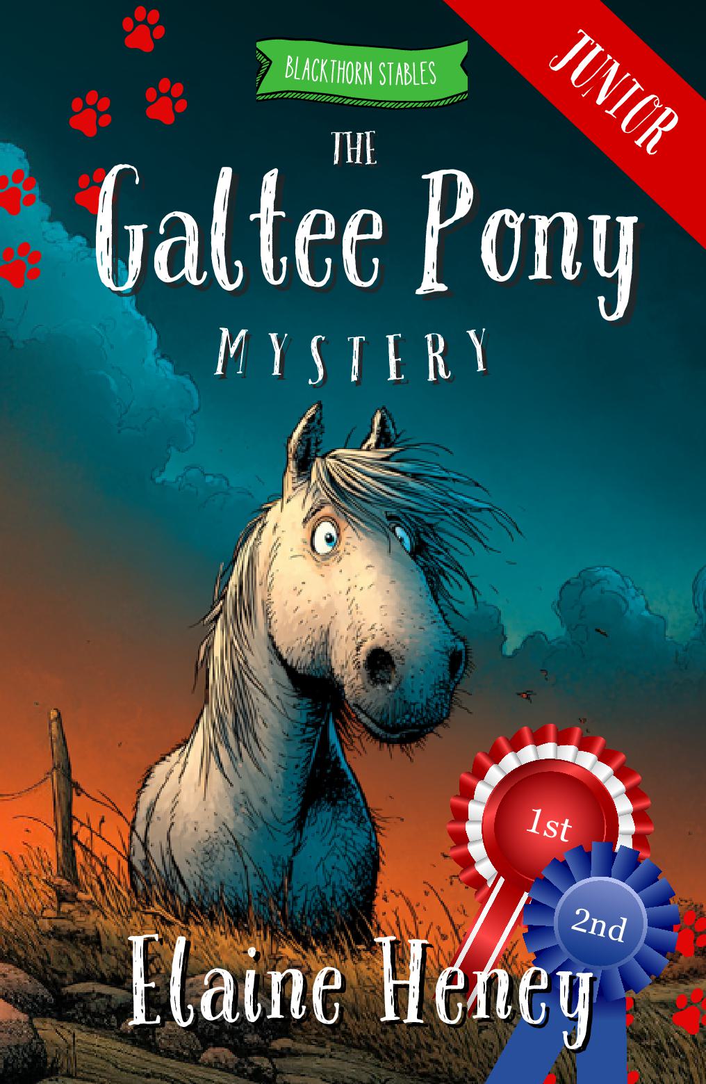 Book cover of 'The Galtee Pony Mystery' with a horse illustration and awards on a dark background. Dyslexia friendly kids book by #1 best-selling Irish Author Elaine Heney.