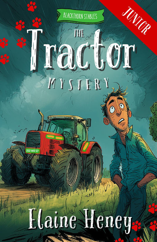 'The Tractor Mystery' book by Elaine Heney featuring a tractor and a person in a field. Dyslexia friendly kids book by #1 best-selling Irish Author Elaine Heney.