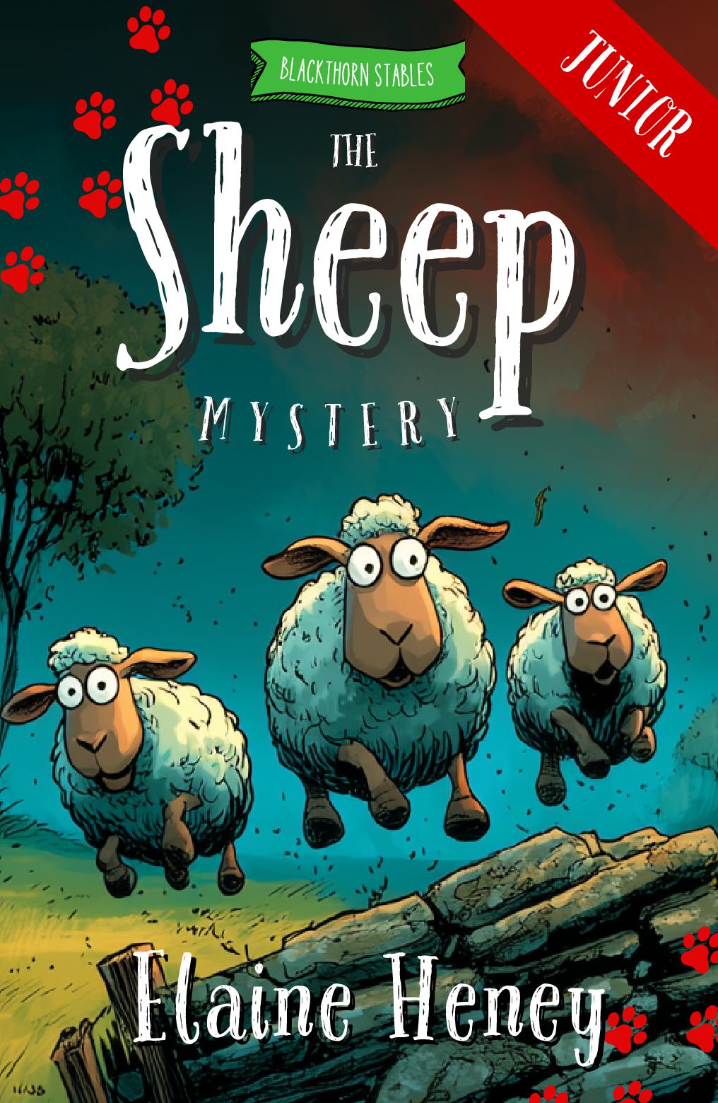  'The Sheep Mystery' book with three cartoon sheep and a red banner at the top. Dyslexia friendly kids book by #1 best-selling Irish Author Elaine Heney.