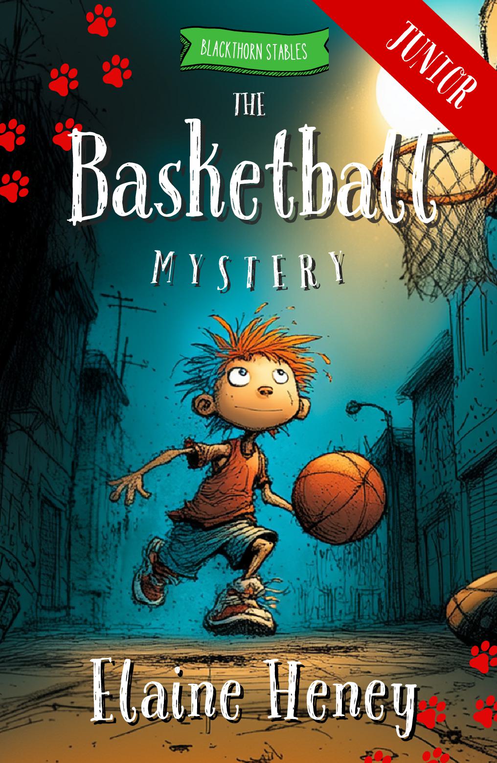 Book cover of 'The Basketball Mystery' by Elaine Heney featuring a character with a basketball in an urban setting. Dyslexia friendly book by #1 best-selling Irish Author Elaine Heney.