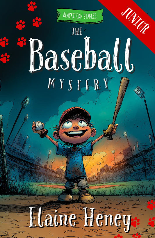 Book cover of 'The Baseball Mystery' with a child holding a baseball bat and ball, set against a night sky. Dyslexia friendly book by #1 best-selling Irish Author Elaine Heney.
