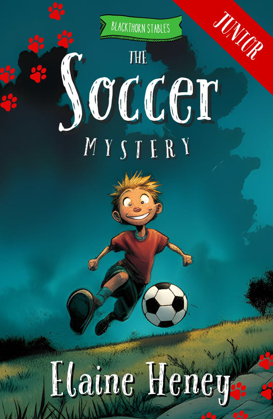 Book cover of 'The Soccer Mystery' by Elaine Heney with a child playing soccer on a field. Dyslexia friendly by #1 best-selling Irish Author Elaine Heney.