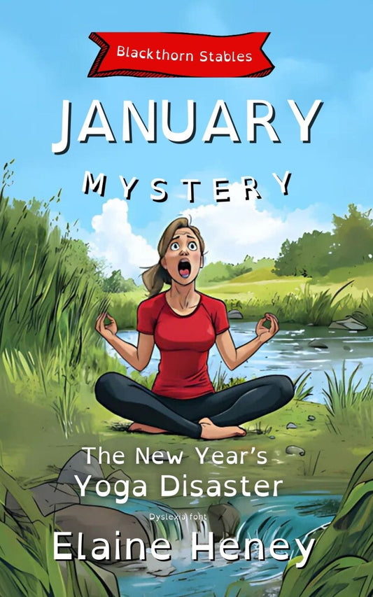 Book cover for 'The New Year's Yoga Disaster' featuring an illustration of a girl with her eyes closed and hands in a yoga pose position, set against a background of a forest and a river.