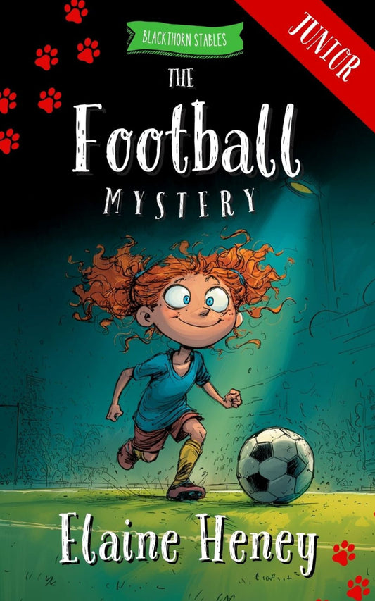 Book cover of 'The Football Mystery' by Elaine Heney with a child playing soccer on a green field. Dyslexia friendly kids book by #1 best-selling Irish Author Elaine Heney.