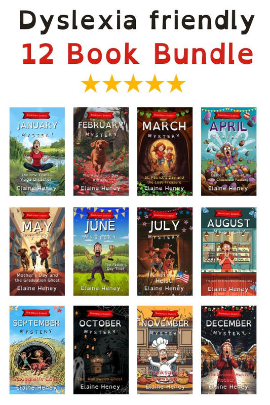 Dyslexia-friendly 12-book bundle with colorful covers of each month's book. Written by by #1 best-selling Irish Author Elaine Heney.